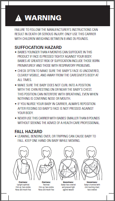 4" x 7" ASTM Sling Warning Labels, Soft Infant Carrier Labels, Fall And Suffocation Labels, CPSIA Labels - Custom Couture Label Co